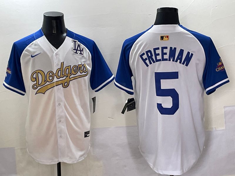 Men Los Angeles Dodgers 5 Freeman White Blue Champion gold character Nike 2025 MLB Jersey style 5058